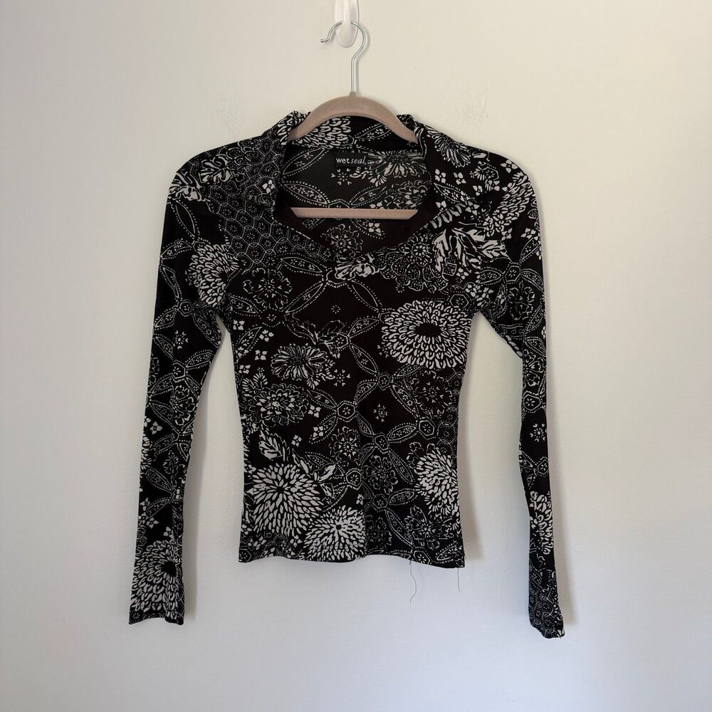 VTG Wet Seal Y2K Floral Patchwork Print Mesh Long Sleeve Top Shirt Black White S